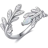 HUKKUN Sterling Silver White Opal Leaf Ring for Women, Size 7-9, Adjustable Open Leaf Ring