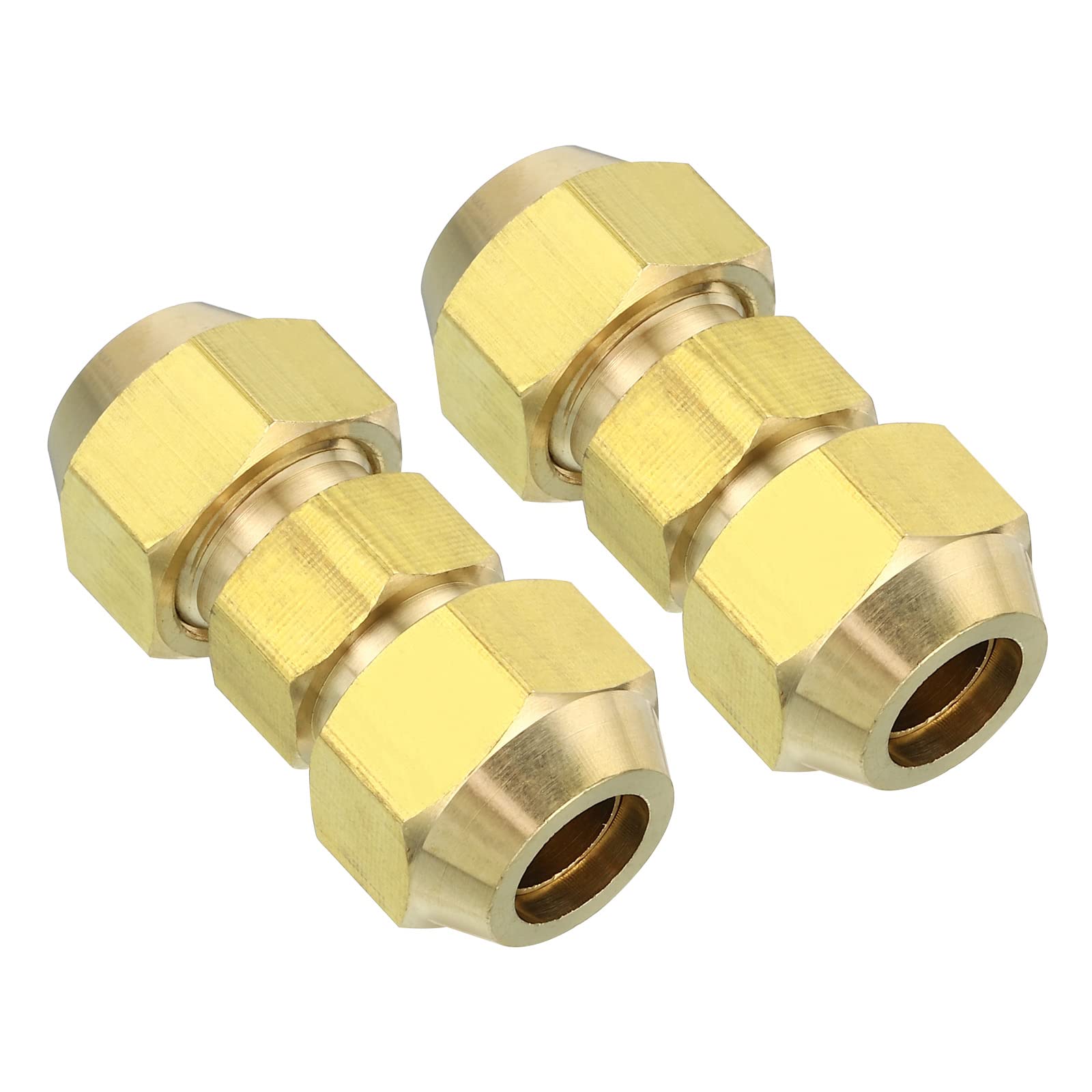 PATIKIL 3/8" OD Brass Flare Union Connector, 2 Set Air Conditioning Copper Double Pipe Extension Joint Connectors Pipe Hose Fitting with Nut, 1.52 x 0.63inch