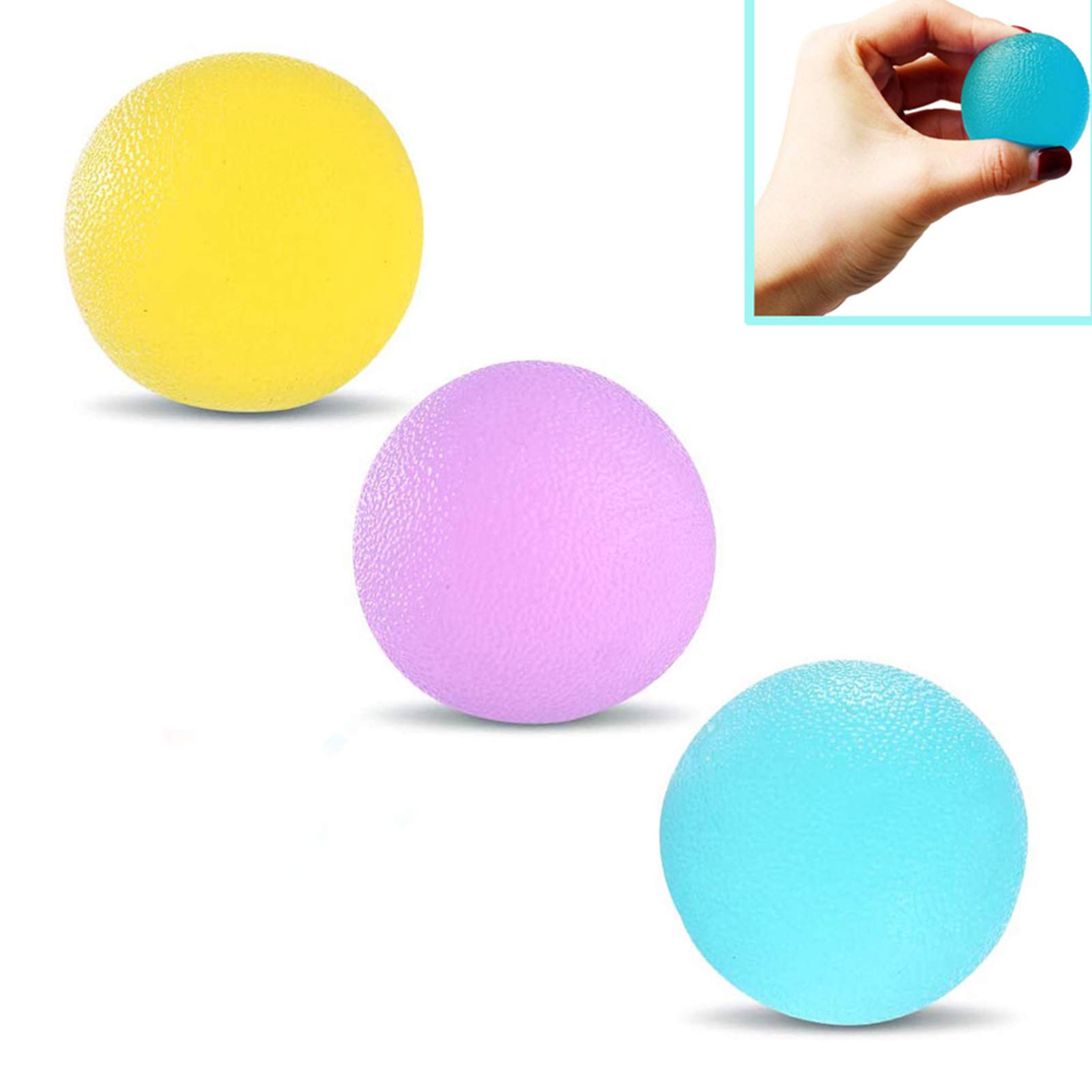 3PCS Hand Exercise Stress Relief Balls, Hand Therapy Exercise Balls, 3 Types of Non-toxic and Odorless Silicone Pressure Ball, for Hand Exercises, Relieve Stress (Yellow, Purple, Green)