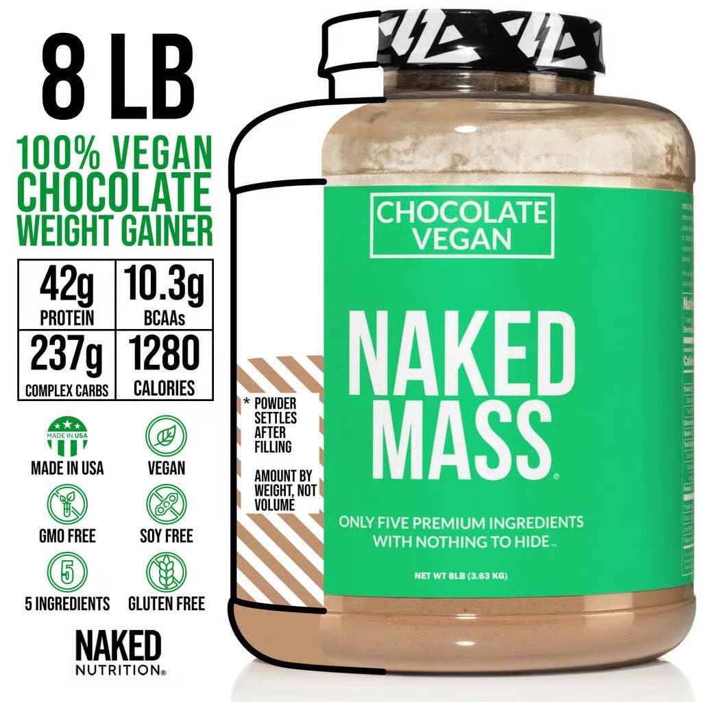 NAKED Vegan Mass - Chocolate Vegan Weight Gainer - 1,280 Calories, Non-GMO, Soy & Gluten Free, No Artificial Ingredients - 8LB Bulk - 11 Servings