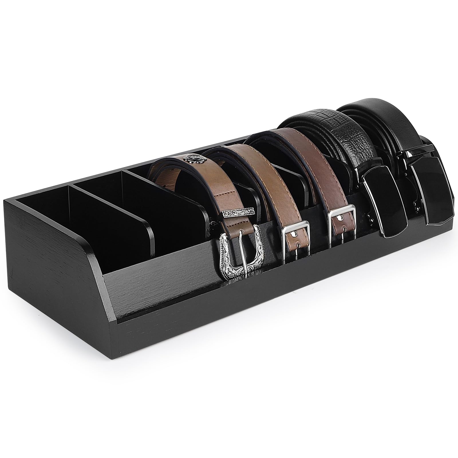 DBREAKS Belt Storage, 7 Compartments Belt Organiser, Bamboo Belt Display Case, Belt Storage Box, Belt Holder Box for Cupboard and Drawer, Belt Belt Organiser for Men and Women (Black)