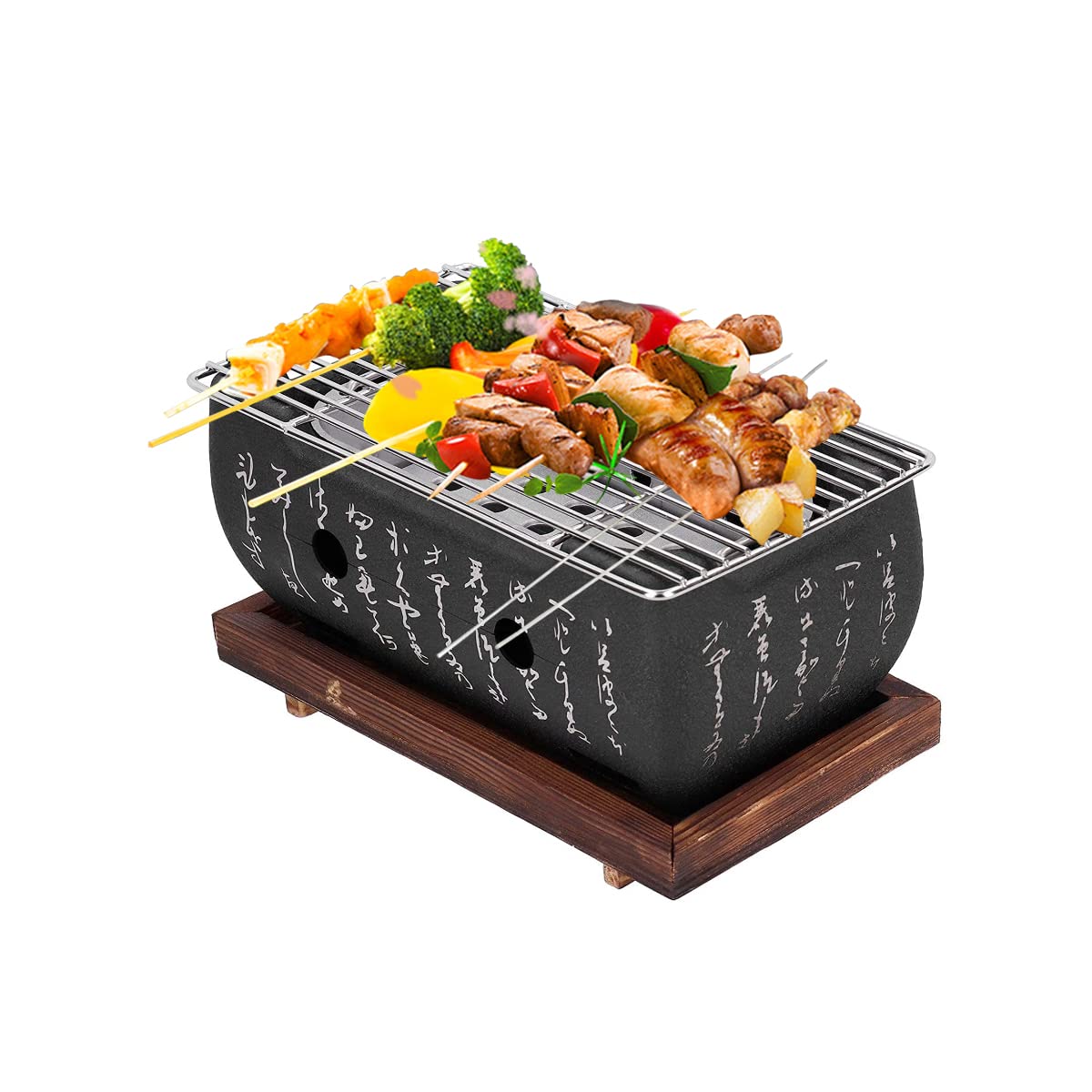 Japanese Style Barbecue Grill Mini Household BBQ Charcoal Stove With Wire Mesh Grill and Wooden Base Hibachi for Yakiniku Takoyaki Camping（with Stainless Steel Grill mesh and Base） (Without Bakeware)