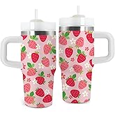 Strawberry Gifts for Girls - 14oz Pink Kids Strawberry Tumbler with Handle and Straw, Stainless Steel Insulated Water Cup, for School, Travel - Strawberries Themed Children Birthday Gift Cup(1pc)