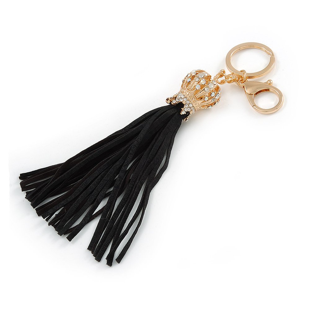 Avalaya Black Suede Leather Tassel with Gold Tone Crystal Royal Crown Motif Key Ring/Bag Charm - 21cm L