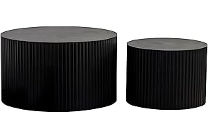 YYZIWYUN Nesting Coffee Table Set of 2 Wood Circle Drum Coffee Tables Set Contemporary Fluted Coffee Table Round Wooden Coffee Tables for Living Room & Small Space (Black, 27.5 +19.6in)