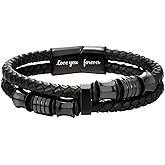 Dynoxar Mens Black Leather Bracelet- Stainless Steel Engraved Love You Forever Jewelry, Christmas Gifts for Men