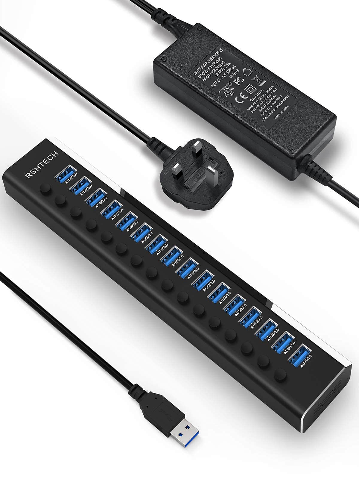 RSHTECH 16 Port Powered USB Hub 3.0, 96W Aluminum USB Port Expander with Individual On/Off Switches and 12V/8A Power Adapter (RSH-A16)