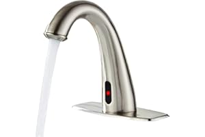 HHOOMMEE Automatic Touchless Bathroom Faucet Motion Sensor Activated Commercial Basin Sink Vantiy Hands Free Auto Infrared Mixer with Hole Cover Deck Plate Temperature Control Hot Cold Burshed Nickle