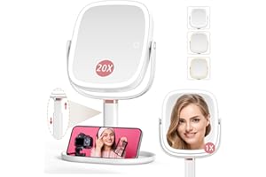 Mocado Makeup Mirror with Lights, 1X/20X Magnifying Mirror with Light, Vanity Mirror with 3 Colors Lights, Height Adjustable Lighted Makeup Mirror, Double Sided 360°Rotation, Memory Function (White)