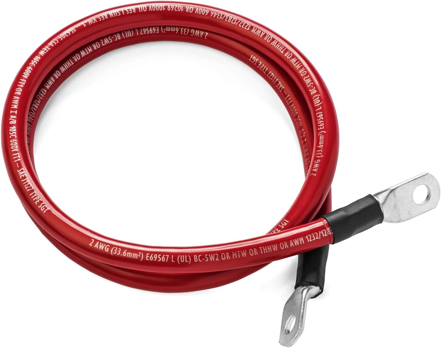 Red 4 Foot 2/0 AWG Battery Cable by Spartan Power Positive Only (4 FT 3/8" Ring Terminals)