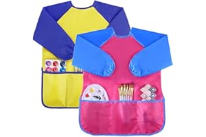2 Pack Waterproof Art Smock, Smock Artist Painting Apron with 3 Pockets forCooking Painting Party Supplies,Long Sleeve (Paint