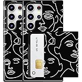 MUQR Compatible for Samsung Galaxy S25 Ultra Case with Card Holder Cute - Kawaii Design Military-Grade Drop Protection Rugged Wallet Cases for Women (Black Abstract Line Art)