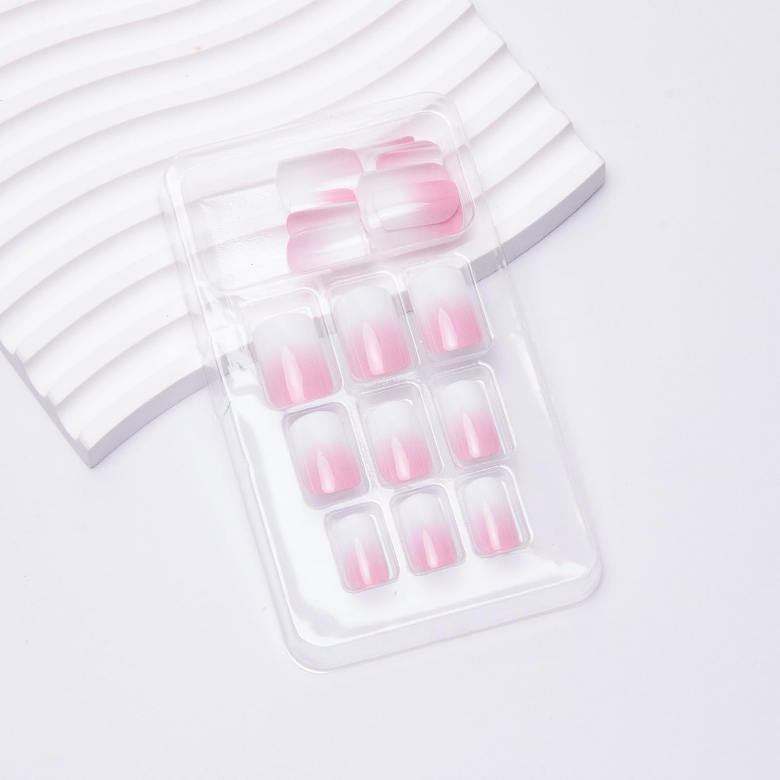 24Pcs Ombre Press on Nails Medium Square Acrylic Fake Nails Pink White Gradation Fake Nails Glossy False Nails Ombre Stick on Nails Full Cover Glue on Nails for Women Girls Nails Decoration - Image 6