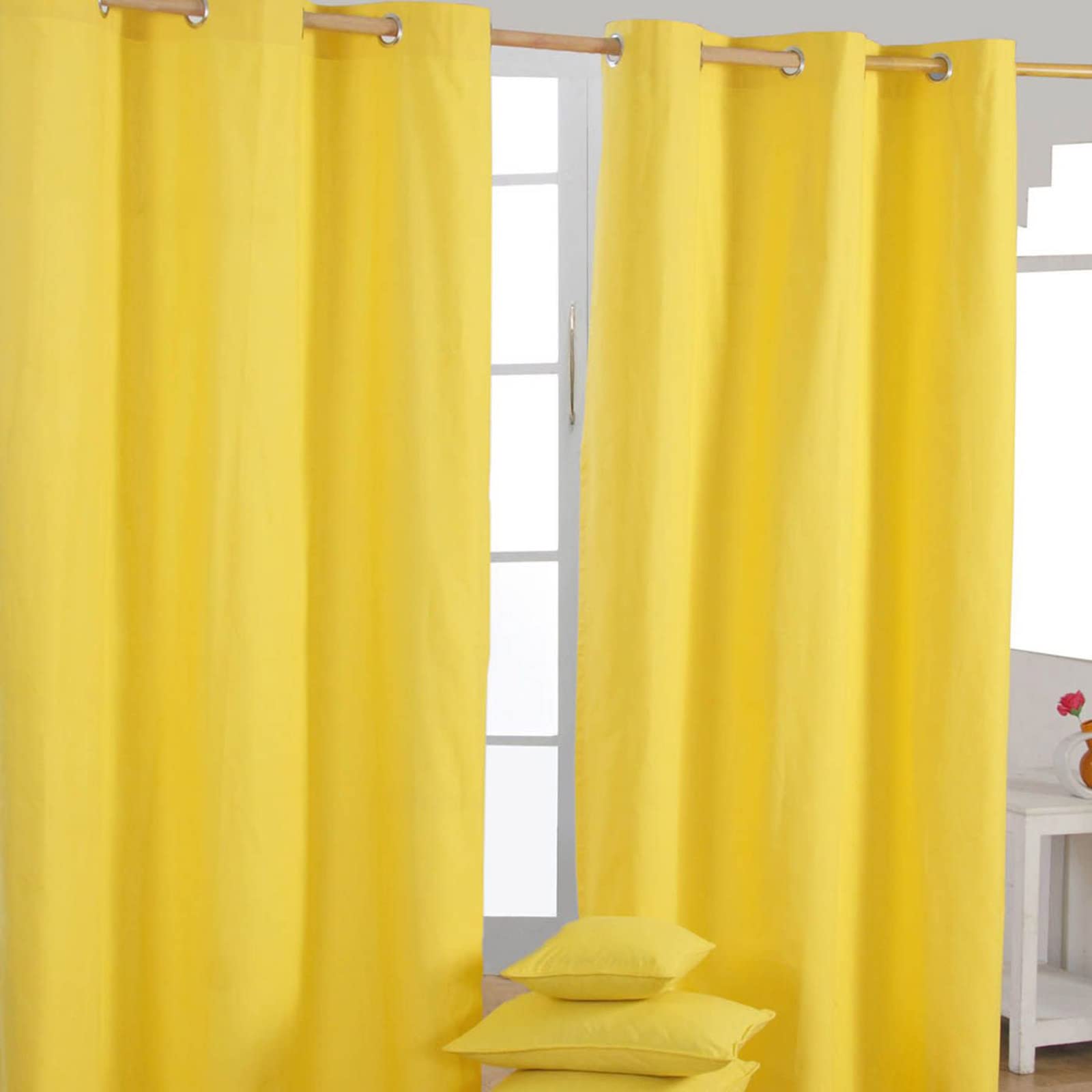 HOMESCAPES Yellow Eyelet Curtain Pair 137cm (54") Wide x 182cm (72") Drop Plain Heavy Unlined Curtains