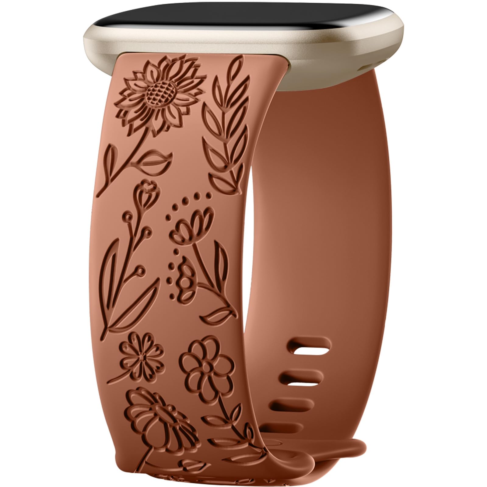 Oielai Sunflower Engraved Bracelet Compatible with Fitbit Versa 3/Fitbit Versa 4/Fitbit Sense/Fitbit Sense 2 Women,Silicone Brecelet for Versa 3/Versa 4/Sense 2/Sense, P RedBrown