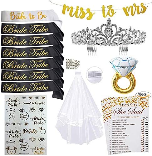 Bachelorette Party Bride to Be Accessories Favors Kit | Bridal Shower Decoration Supplies Set |7 Sashes/w Tribe, Rhinestone Tiara, Veil, Banner 24 Tattoo 16 Game Card, Ring Foil Balloon |51 Pack (51)