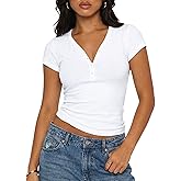 PrettyGuide Womens Short Sleeve Cotton Jersey Tops V Neck Henley T Shirts Slim Fit Casual Summer Tops Basic Tee Shirts