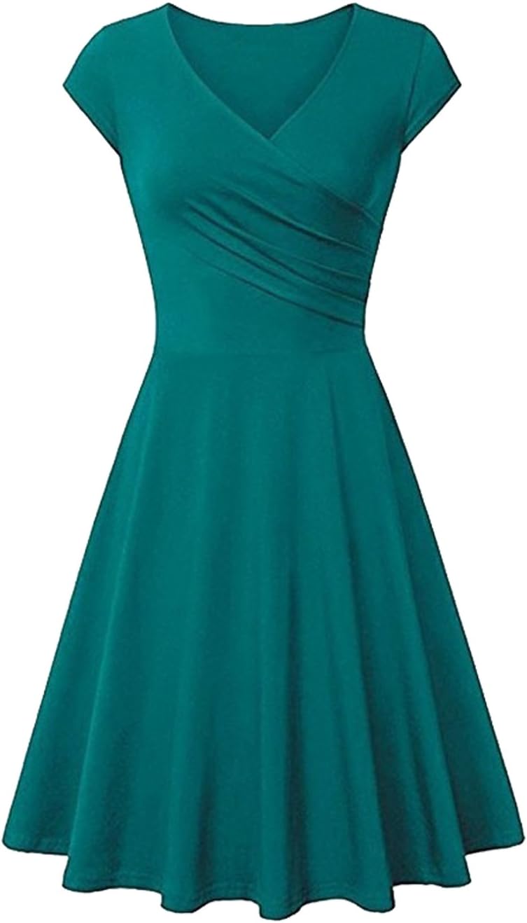Womens Casual Swing Short Sleeve Dress Wrap Solid Color A Line Skater Dress