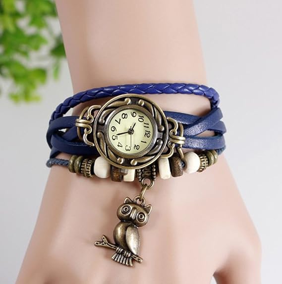Amazon Inno アンティーク風 ブレスレット 腕時計 本革 ウォッチ フクロウを付き 多重ブレス 調整可能 ブレスレット腕時計 編みベルト腕時計 レディース ブルー レディース腕時計 腕時計 通販
