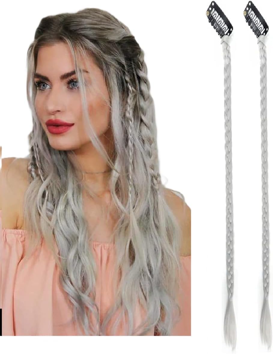 2 x Clip-In Hair Extension Highlights Streaks, Colourful Hair Highlights (Braid - Silver/Grey) — image 1