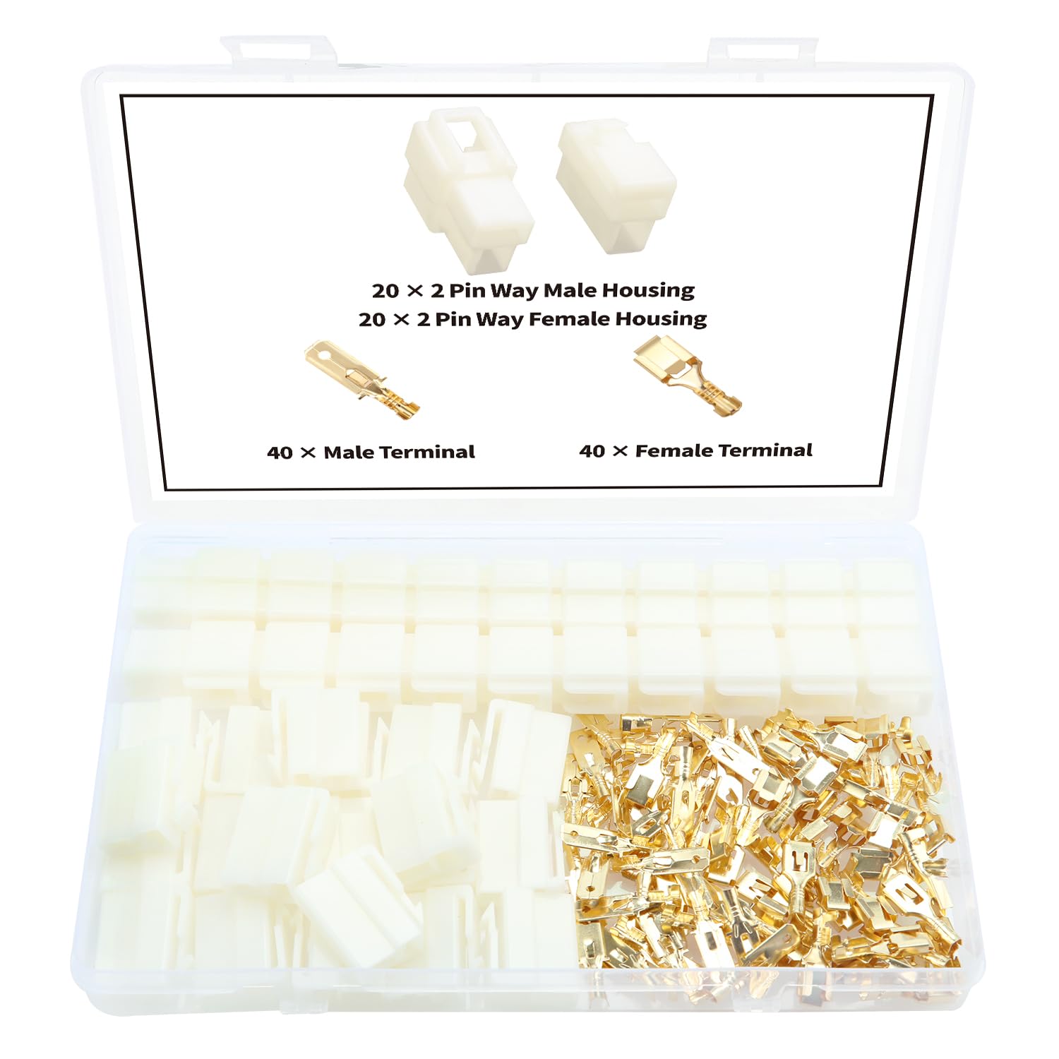 YIXISI 120 PCS 6.3mm 2 Pin Automotive Electrical Wire Connectors Kit, Male/Female Wire Connector Housing and Pin Header Crimp Wire Terminals, for Motorcycle, Bike, Car, Boats