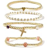 SHINUS BOHO Trendy 14K Gold Plated Pearl Crystal Cross Beaded Paperclip Stack Bracelets Sets for Women,4Pcs Stackable Trendy Waterproof Heart Ball Stretch Jewelry