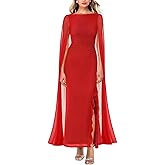 MAYFASEY Women's Sexy Elegant Long Sleeve High Split Mesh Ruched Formal Long Evening Party Maxi Dress with Cape