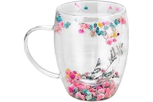 Flower Glass Mug – Double Wall Coffee Cup with Handle | Espresso Cappuccino Latte Tea Hot Beverage | Insulated Transparent Gl
