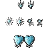 Pingyongchang 5 Pairs Western Cowboy Stud Earrings Set Vintage Boots Star Cactus Heart Cow Head Shape Turquoise Earrings Boho Cowgirl Country Rodeo Earrings for Women