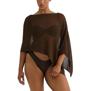 Women Y2K Solid Color Poncho Top Off Shoulder Sheer Mesh Knit Shawl Cape Summer Beach See Through Cover Up Knitwear