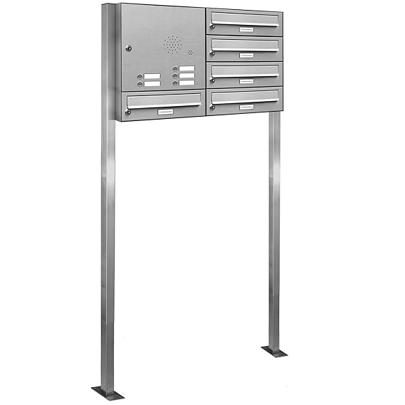 AL Briefkastensysteme 5er Edelstahl Standbriefkasten mit Klingel rostfrei als 5 Fach Briefkastenanlage in Postkasten Briefkas