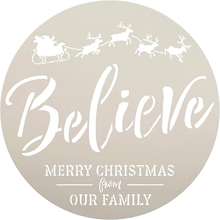 Amazon Co Jp Studior12 丸型 Believe 筆記体 ステンシル Our Family Merry Christmas Santa S Sleigh Reindeer 再利用可能 マイラーテンプレート ペイント木製サイン Diy ホームクラフト装飾 サイズ選択 18 Stcl2863 ホーム キッチン