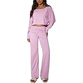 TFNOSIZE Women’s 2 Piece Lounge Set, Long Sleeve Off Shoulder Top & Wide Leg Pants – Soft, Stretchy Outfit for Home & Travel