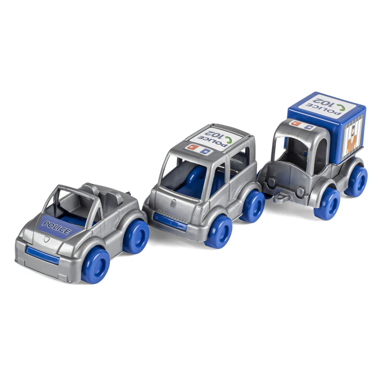 Wader 60024 Kid Cars Police Play Set, 3 Blue Vehicles with Police Car, Bus and Transporter, Sturdy Steel Axles, from 12 Months, Ideal as a Gift for Creative Play