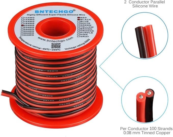 BNTECHGO 20 Gauge Flexible 2 Conductor Parallel Silicone Wire Spool Red