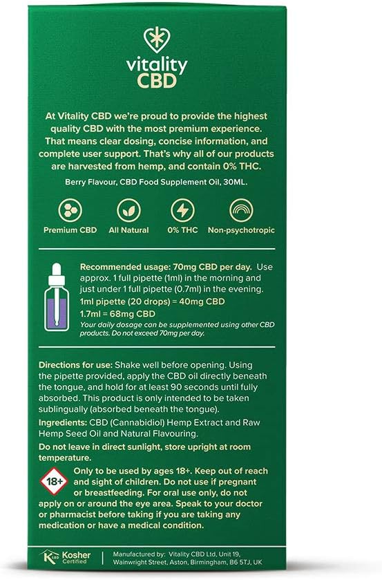 Vitality CBD Berry Flavour Oral Drops in Hemp Seed Oil, 1200mg, 30ml - Image 3