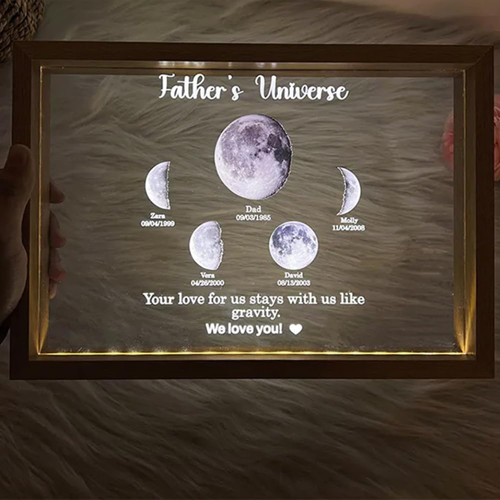 Personalized Moon Phase Light Frame for Dad/MOM and Family Custom LED Frame with Kids Names and Birthdates Perfect Gift for Father's Day Mother's Day Birthdays and Anniversaries