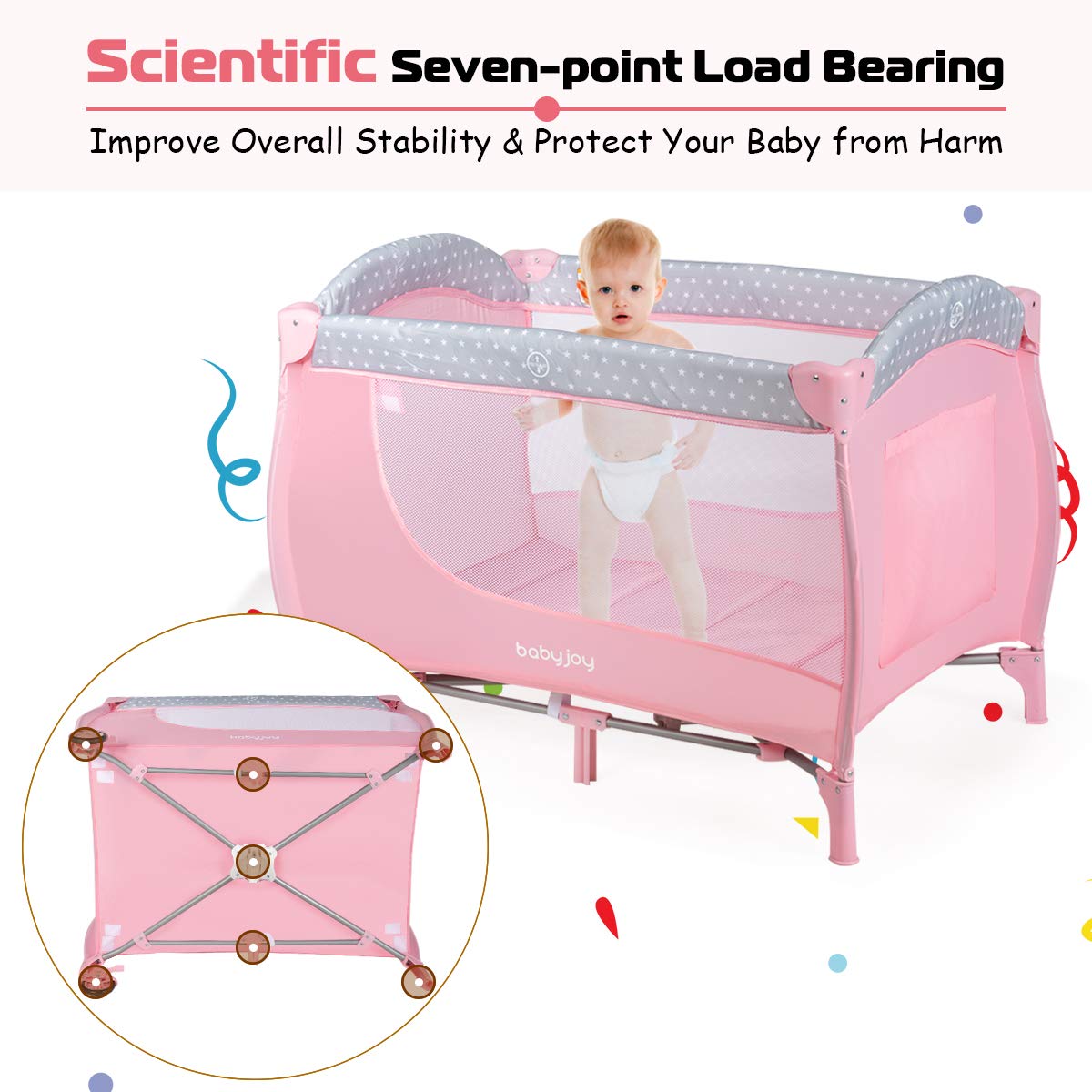 BABY JOY 3 in 1 Pack and Play, Foldable Baby Travel Crib with Bassinet, Changing Table, Brake Wheel, Convertible, Newborn Napper with Storage Shelf, Oxford Carry Bag, Portable Baby Playard
