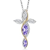 Cross Necklace For Women In 925 Silver and 10K Yellow Gold with Blue Tanzanite and White Moissanite | 1.35 Cttw | Jesus Christian Religious Crucifix | Marquise 8X4MM | With 18 Inch Chain
