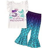 IZYJOY Birthday Mermaid Outfit Toddler Baby Girl 1st 2nd 3rd 4th 5th Ruffle Sleeve Romper Top Flared Pant Set Summer Clothes