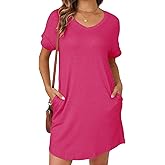 YEXIPO Womens Summer Dresses 2025 Short Sleeve V Neck Loose Casual Solid Color Tshirt Dress with Pockets
