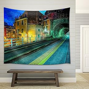 Train Platform and a Tunnel in Vernazza Village, Italy - Fabric Wall Tapestry Home Decor - 51x60 inches