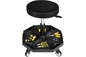 YELLOW JACKET Rolling Garage Seat with Wheels Adjustable Height Pneumatic Mechanic Stool 300Lbs Heavy Duty Shop Creeper Seat with 4 Removable Storage Tool Tray Workshop Chair for Auto Repair