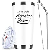 And So The Adventure Begins Tumbler, 20oz Inspirational Stainless Steel Insulated Travel Mug with Lid, Double Wall Coffee Cup, Congratulations Gift for Graduation, New Job, Farewell, Women, Coworkers