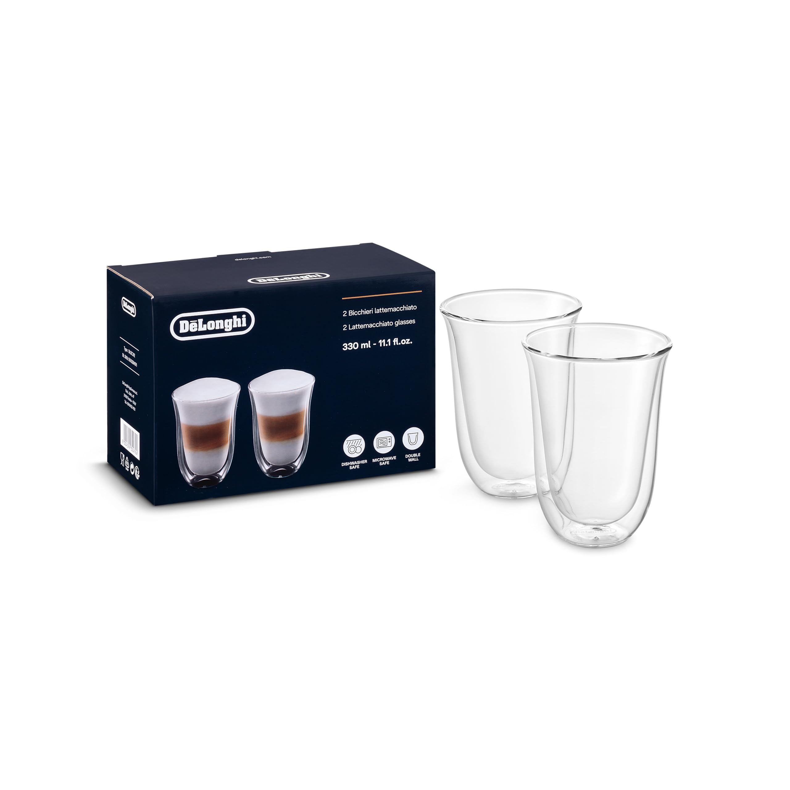 Delonghi DLSC312 Latte Macchiato Thermo Glasses, 5513284171 Transparent, 2 Glasses per Pack