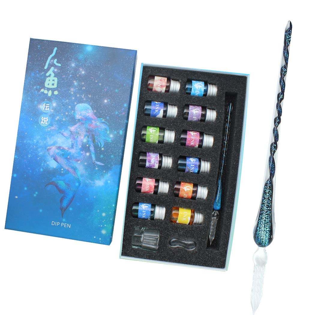 SIPLIV Handmade Glass Dip Pen Set, Starry Sky Crystal Vintage Signature Drawing Calligraphy Pen, 15 Pcs Gift Set with 12 Colors Ink, 1 Pen Holder, 1 Glass Pen, 1 Cleaning Cup - Blue