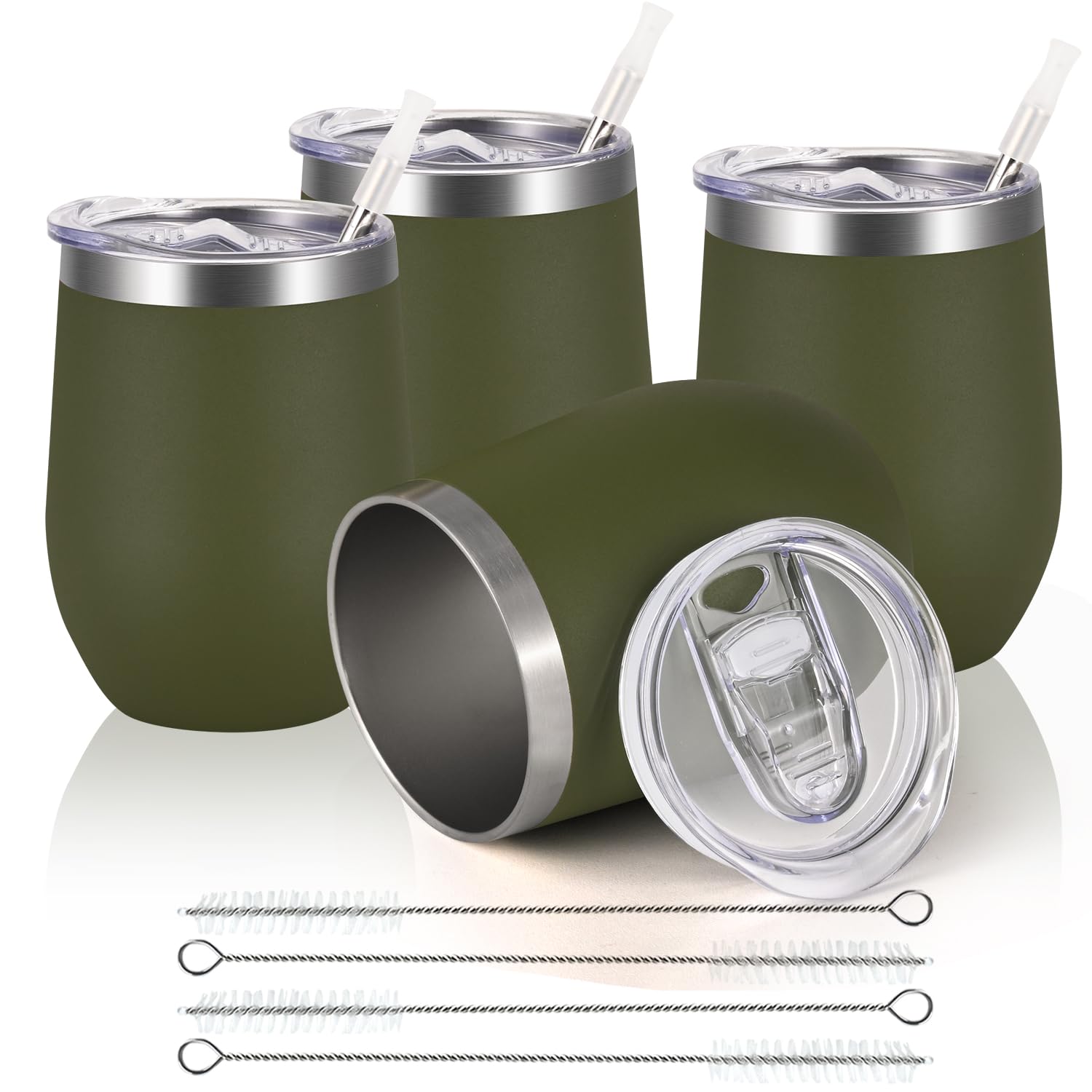 Joymaking Reusable Coffee Cup, Double Walled -Insulated Travel Mug Vacuum Stainless Steel Wine Tumbler with Spill Proof Lid, Great for Hot Cold Drinks Coffee Wine, 4 Piece Set 12 Oz Army Green