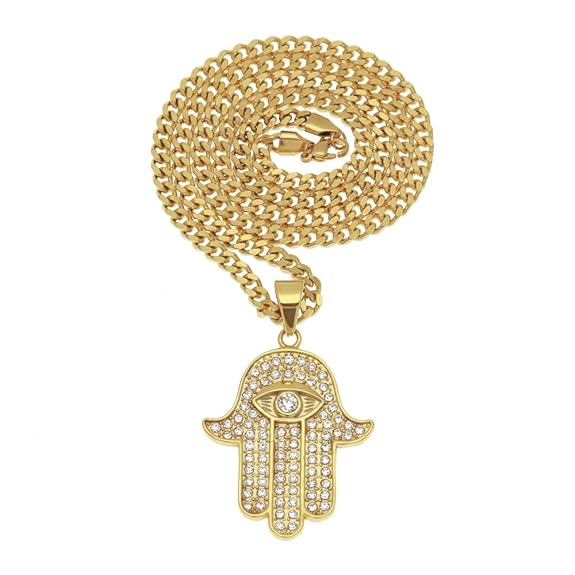mcsays HipHop Ketten die Hand der Fatima mit Eye Anhänger kubanischen Kette Edelstahl Halskette Golden Amulett Herren Fashion