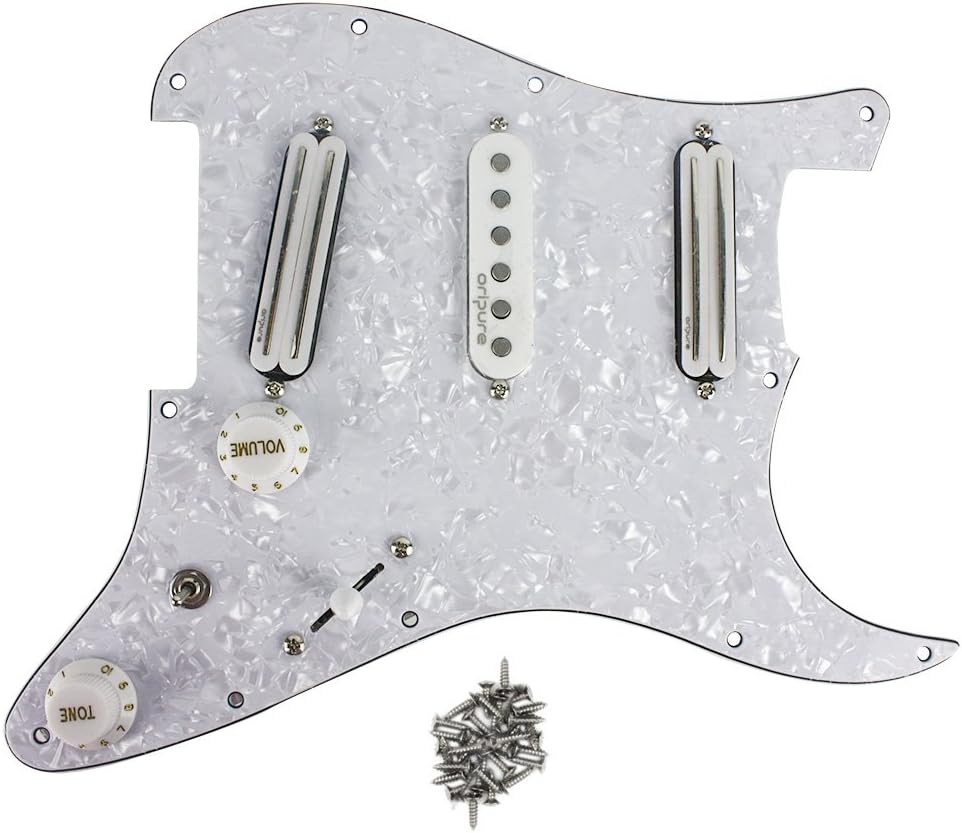 OriPure 11 Hole Prewired Pickguard SSS with Dual Rail/Single Coil/Dual Rail Alnico 5 Pickups Set for Fender Stratocaster Style Guitar, 4Ply White Pearl