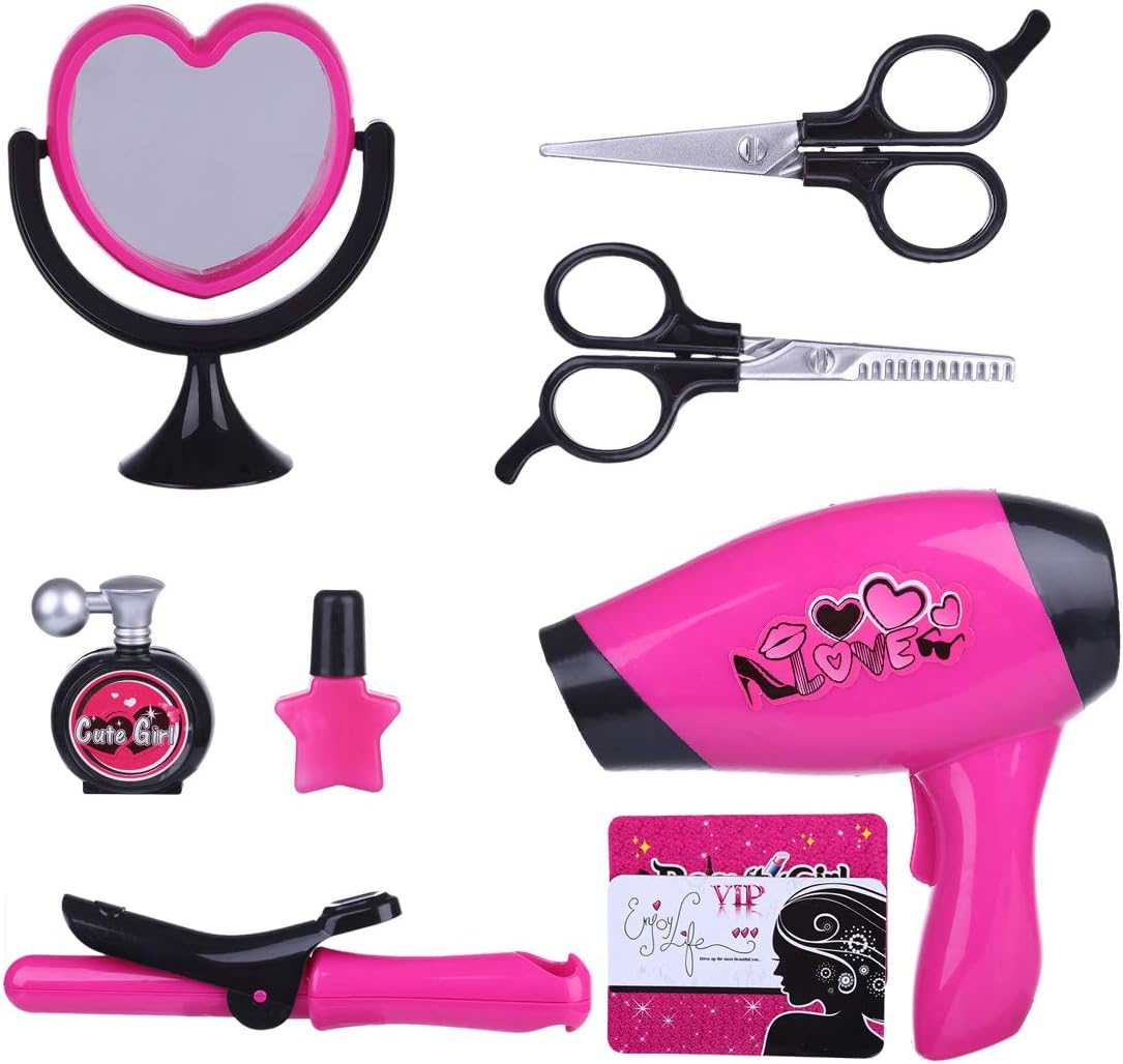 Searchyou - 9Pcs Hairdressing Beauty Set for Girls, Beauty Salon Set Makeup Toys Girls Styling Hair Accessories Playset Pretend Play Toys